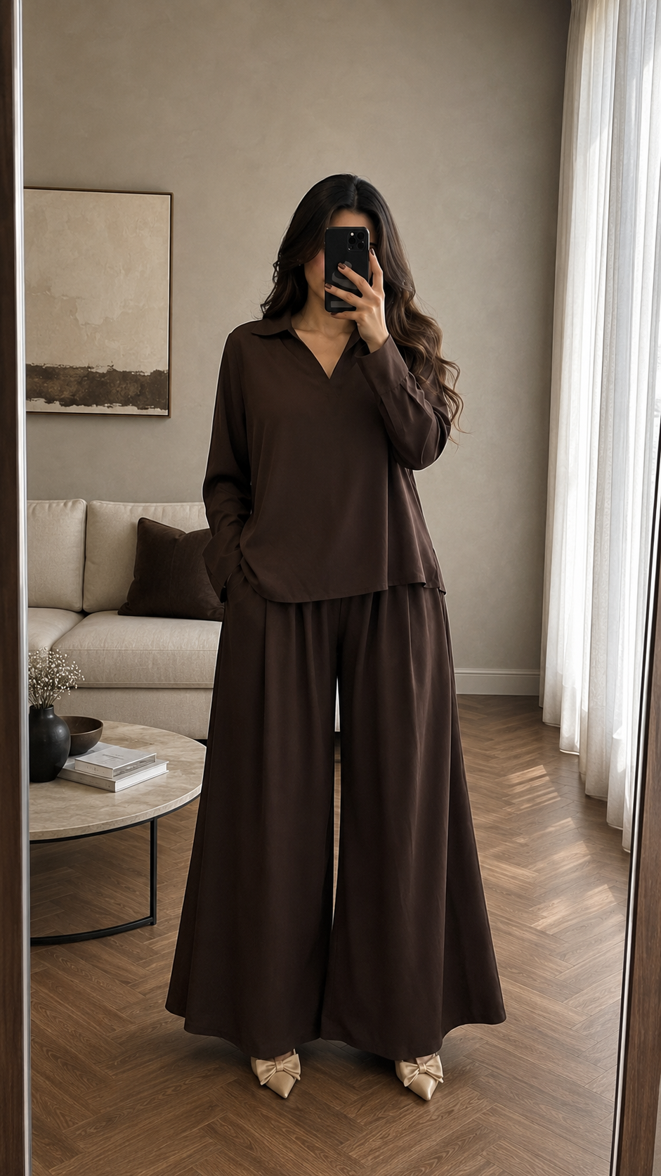 Chocolate Georgette Bell-Bottom Co-Ord Set