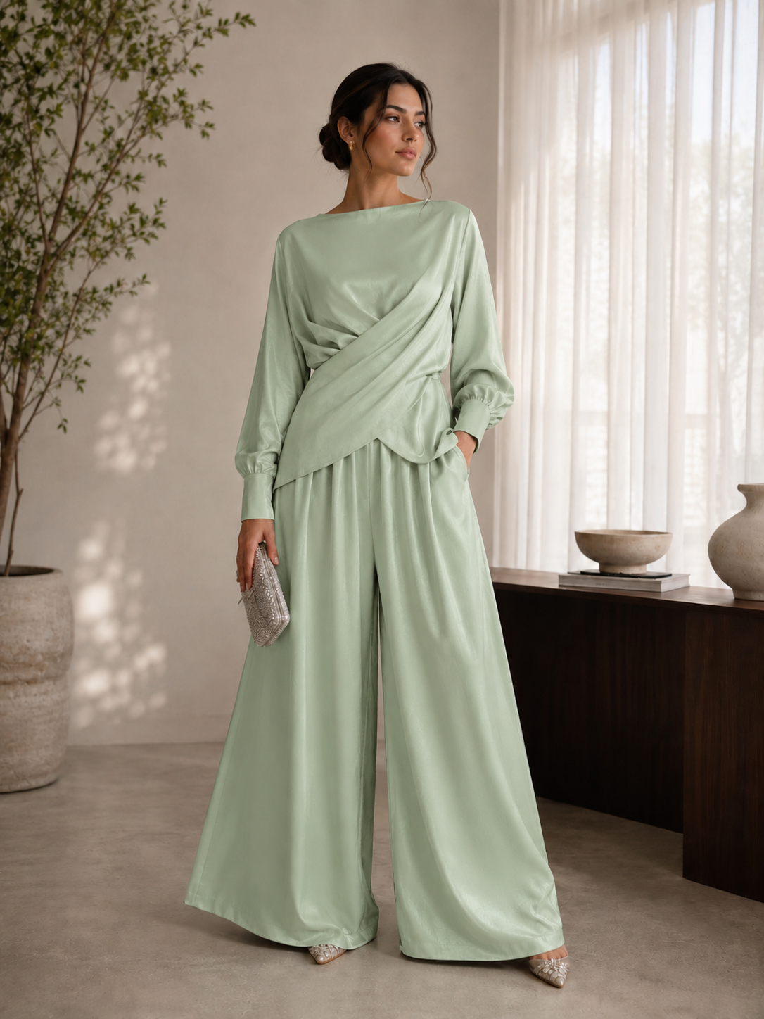 Sage Draped Luxe Co-Ord Set