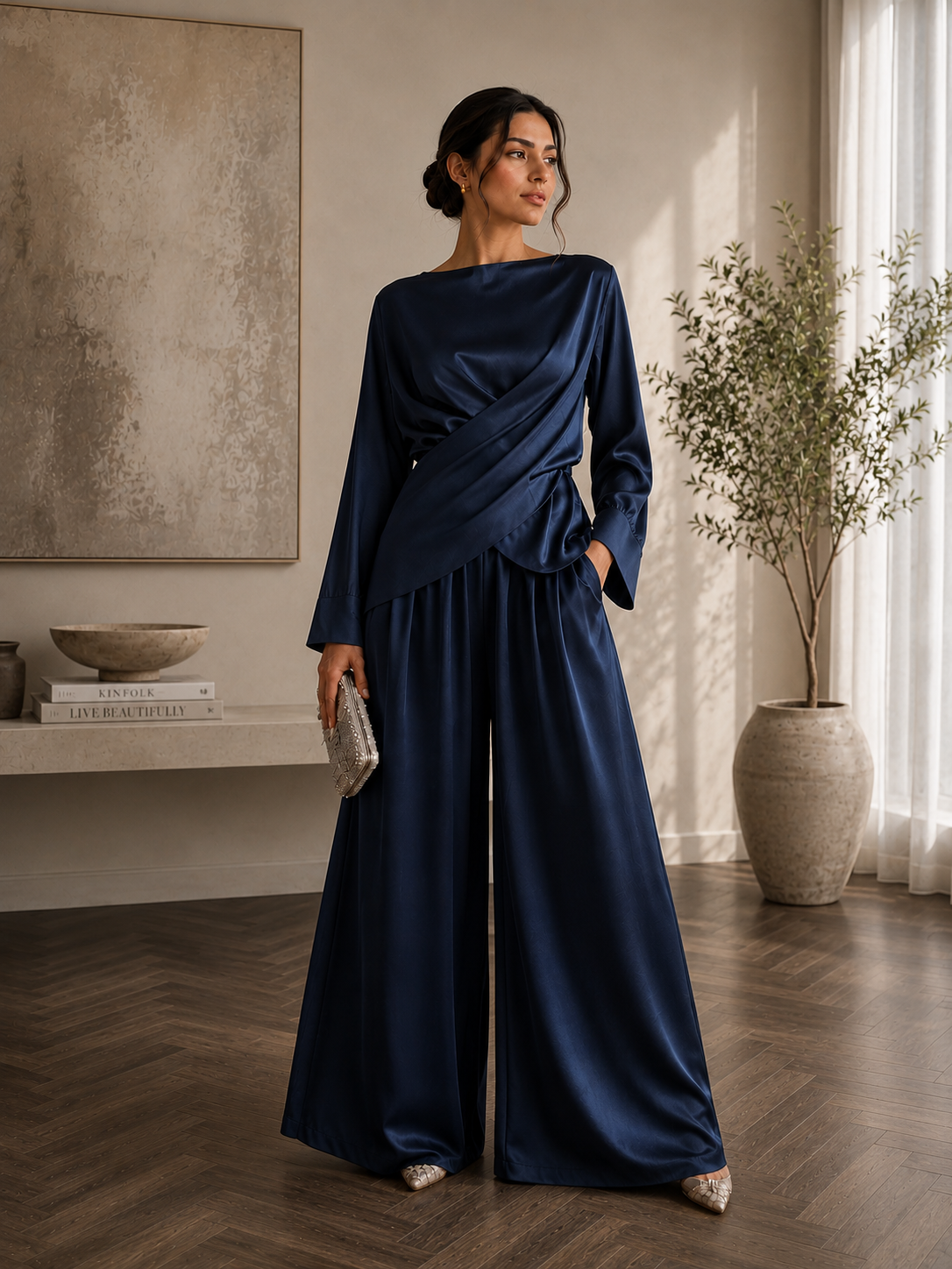 Dark Blue Draped Silk Co-Ord Set