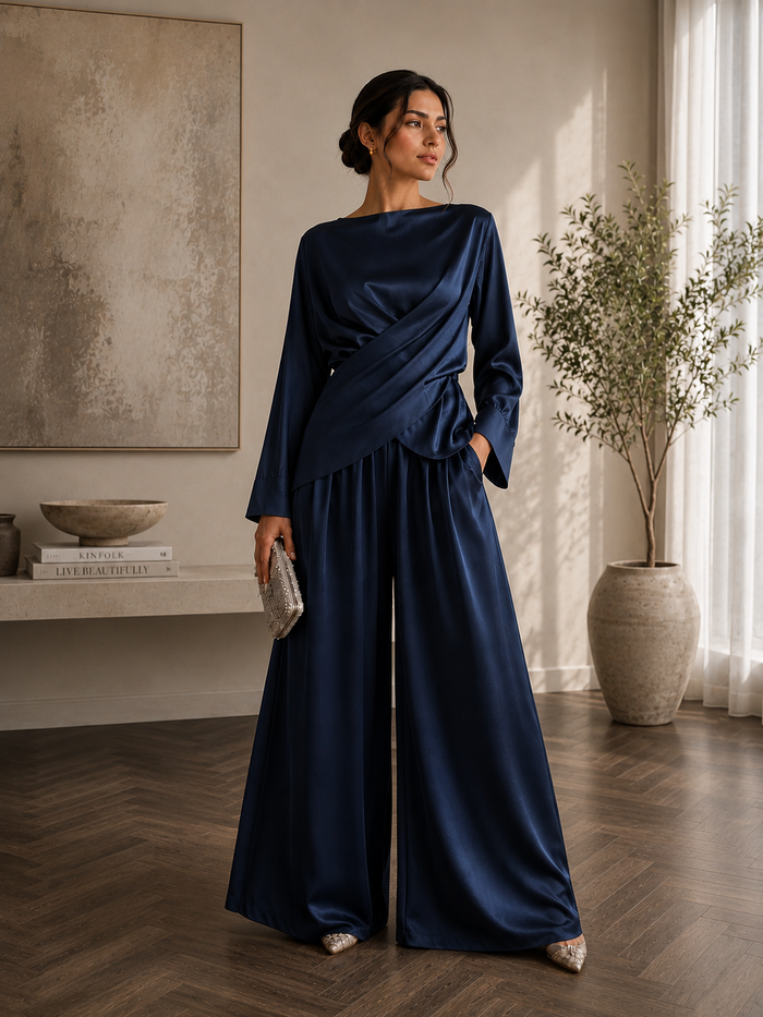 Dark Blue Draped Silk Co-Ord Set