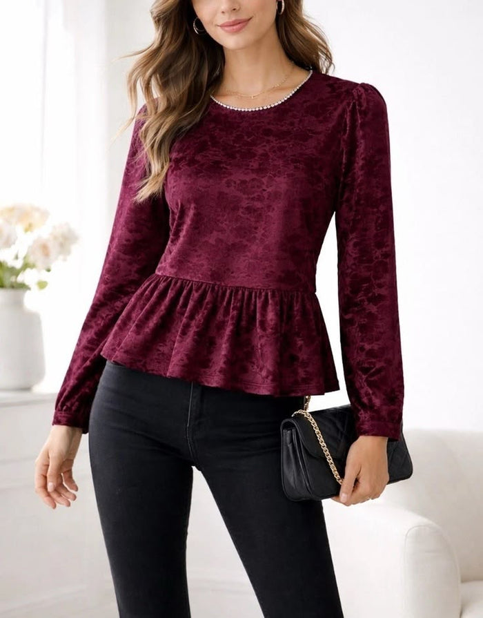 Women's Burgundy Velvet Burnout Blouse